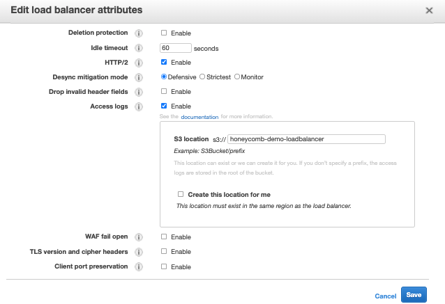 Screenshot: ALB Configuration. The "access logs" box is checked, and an s3 location is specified as the destination.