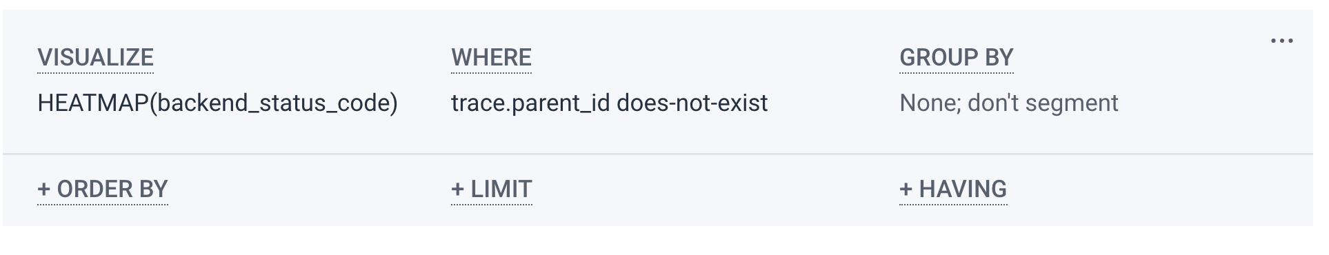 Screenshot: Honeycomb query. "Visualize" is set to "HEATMAP(backend_status_code) and "WHERE" is set to "trace.parent_id does-not-exist"