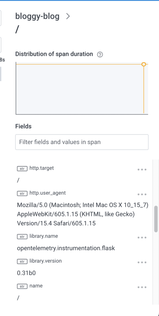 A list of fields on an event from service bloggy-blog. They include http.target, http.user_agent, library.name, library.version (0.31b0), and name. The scroll bar hints that there are at least 5 times as many fields on the event.