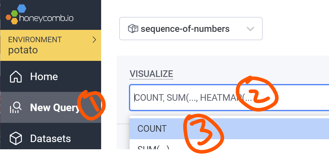 (1) click on New Query on left nav; (2) click in the box under VISUALIZE; (3) click COUNT in the autocomplete.