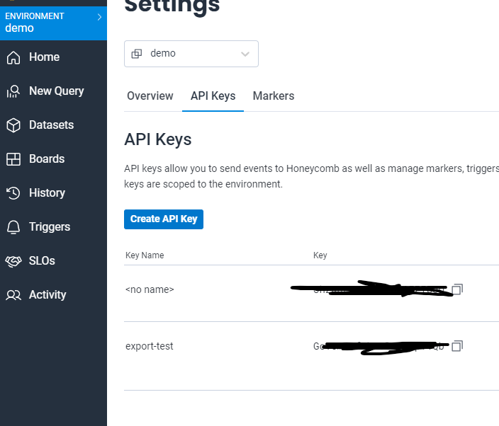 API keys in Honeycomb Environments