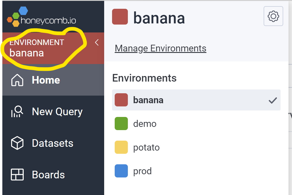 the environment switcher in honeycomb; environments are banana, demo, potato, and prod.