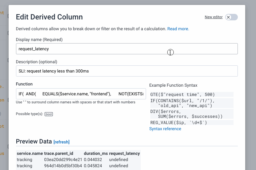 Feature Focus August 2022: Animated GIF of the “edit derived column” window in the honeycomb UI. 