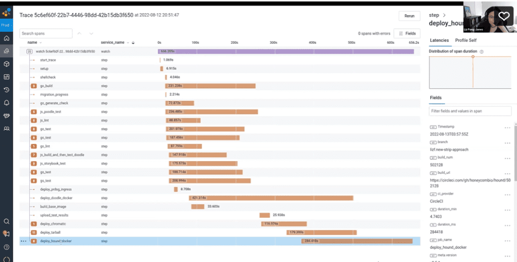 With Honeycomb, you can jump right into a trace of a build and see the critical path of latency