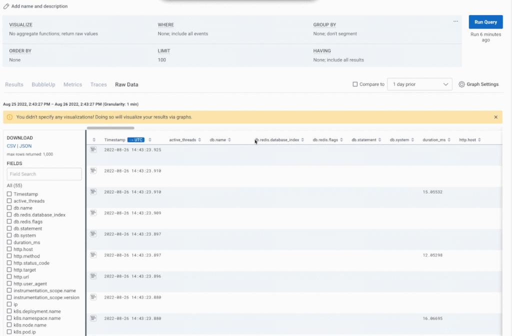 Feature Focus August 2022: An animated GIF of the Raw Data tab in Honeycomb. 