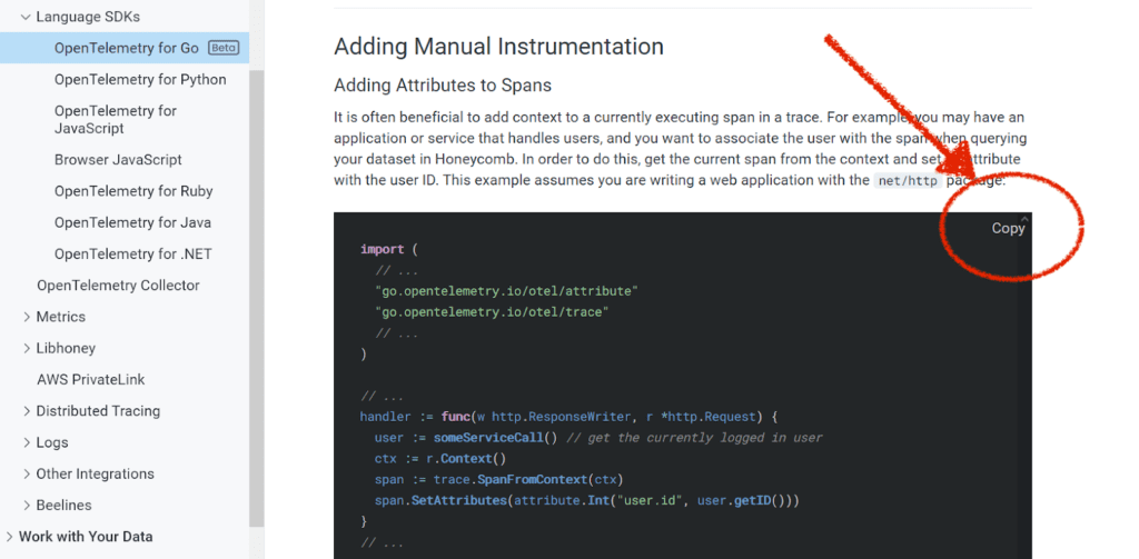 A screenshot of the Honeycomb docs page with an example codeblock with a clickable “copy” button in the top left corner.