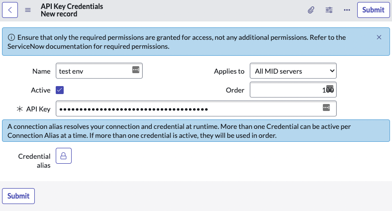 API Key Credentials - New Record