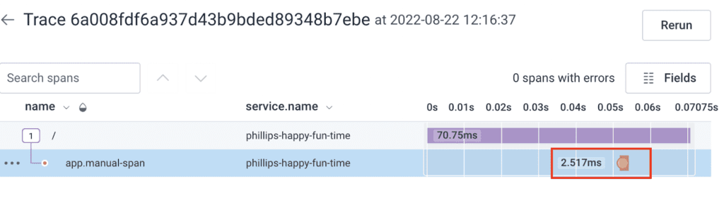 OpenTelemetry log associated with a span in a trace.