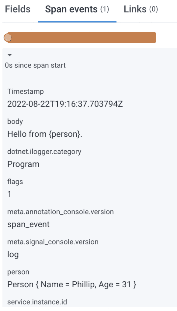 Details of the log can be found in the Span Events tab.