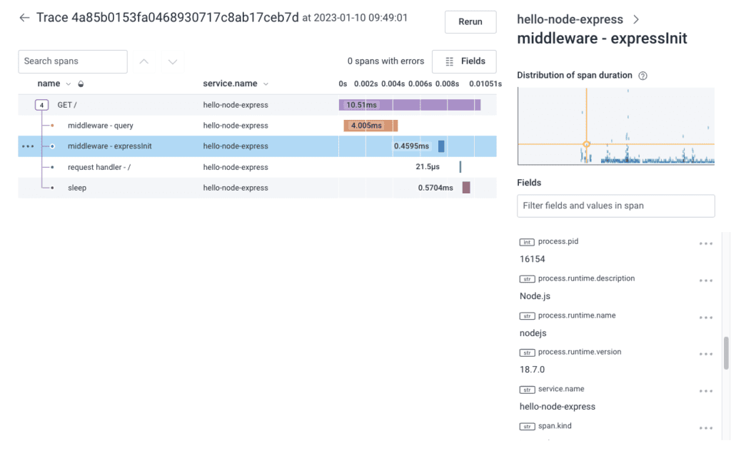 3 Easy Ways to Get Started With Distributed Tracing: a trace with autogenerated spans for the express framework.