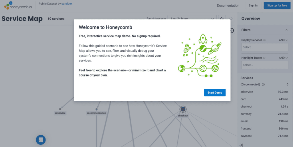 Service Map Sandbox welcome screen.