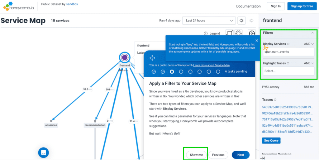 Applying a filter in Honeycomb's Service Map Sandbox scenario.