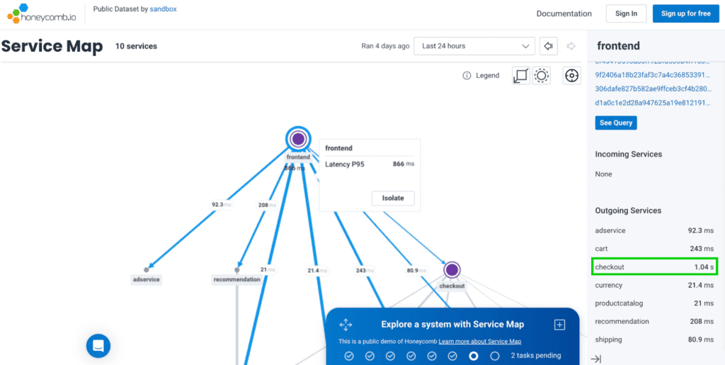 Identifying the slow request in Honeycomb's Service Map Sandbox scenario.