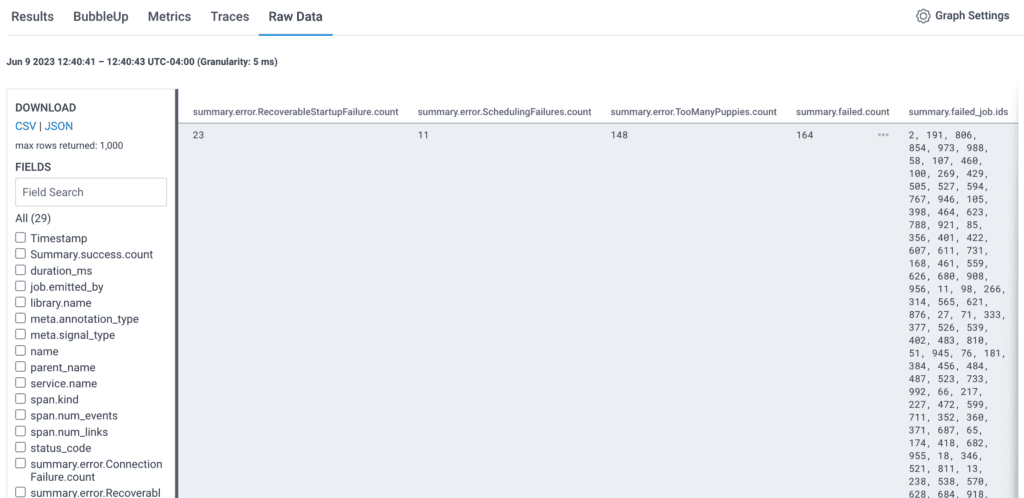 In the trace waterfall view, the span fields list includes all the summaries and the job identifier list.