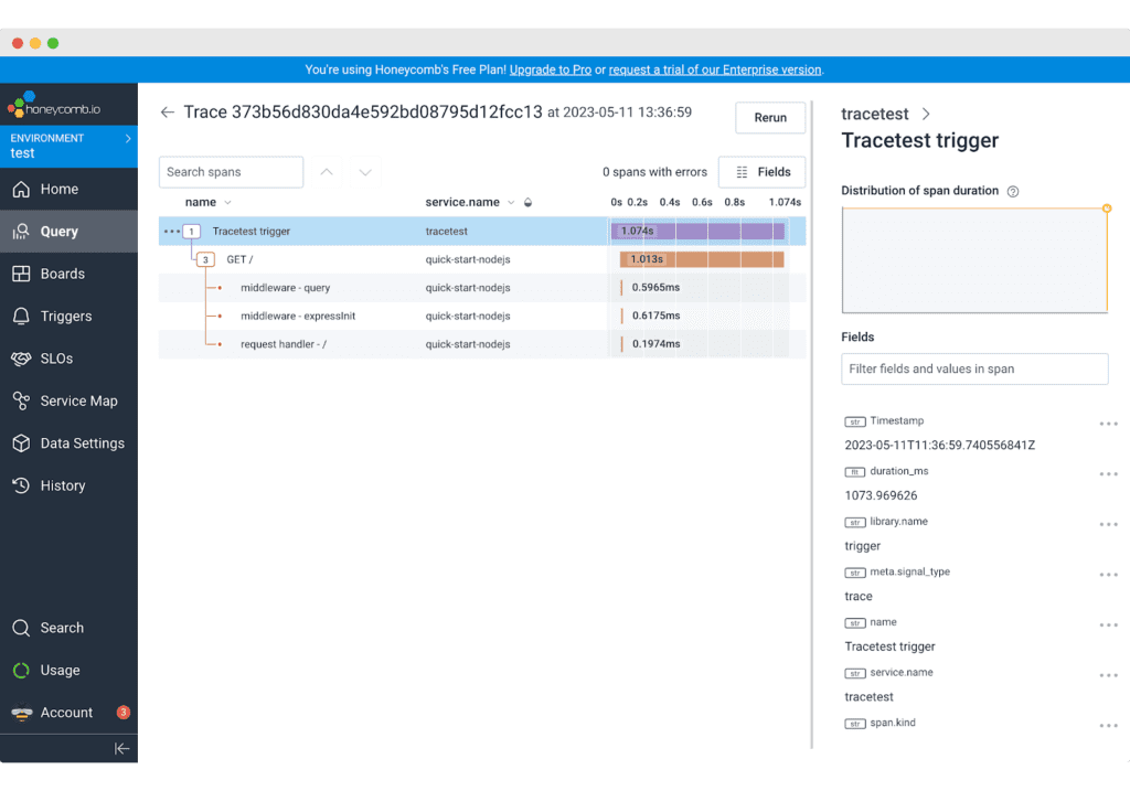 Exploring trace data within Honeycomb can help you identify issues to create assertions and tests.