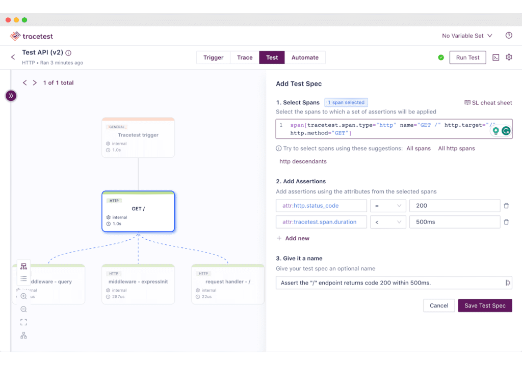 Shows what the Test Spec should look like within the Tracetest UI.