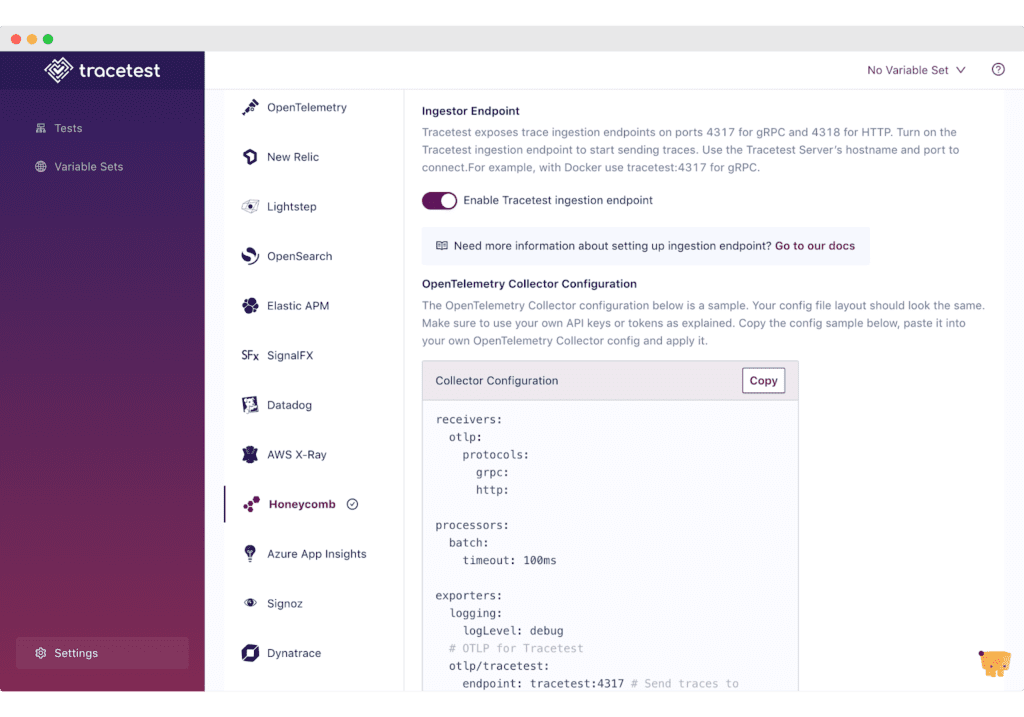 The configuration necessary for the OpenTelemetry Collector to work with Honeycomb and Tracetest is available within the Tracetest UI.