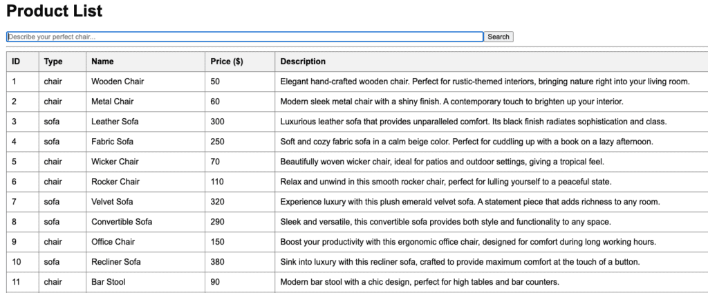 Prompt Engineering: A list of products from a fictitious company, Sofa Corp.