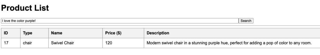 Prompt Engineering: Using "I love purple" to see what products are returned. 