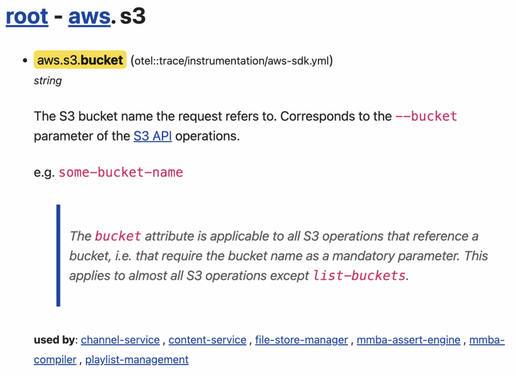 Honey-explore creates an aggregated tree user interface from all the models you provide it. Every leaf node shows the documentation from the YAML definitions and a list of the Honeycomb datasets that have written that attribute recently. 