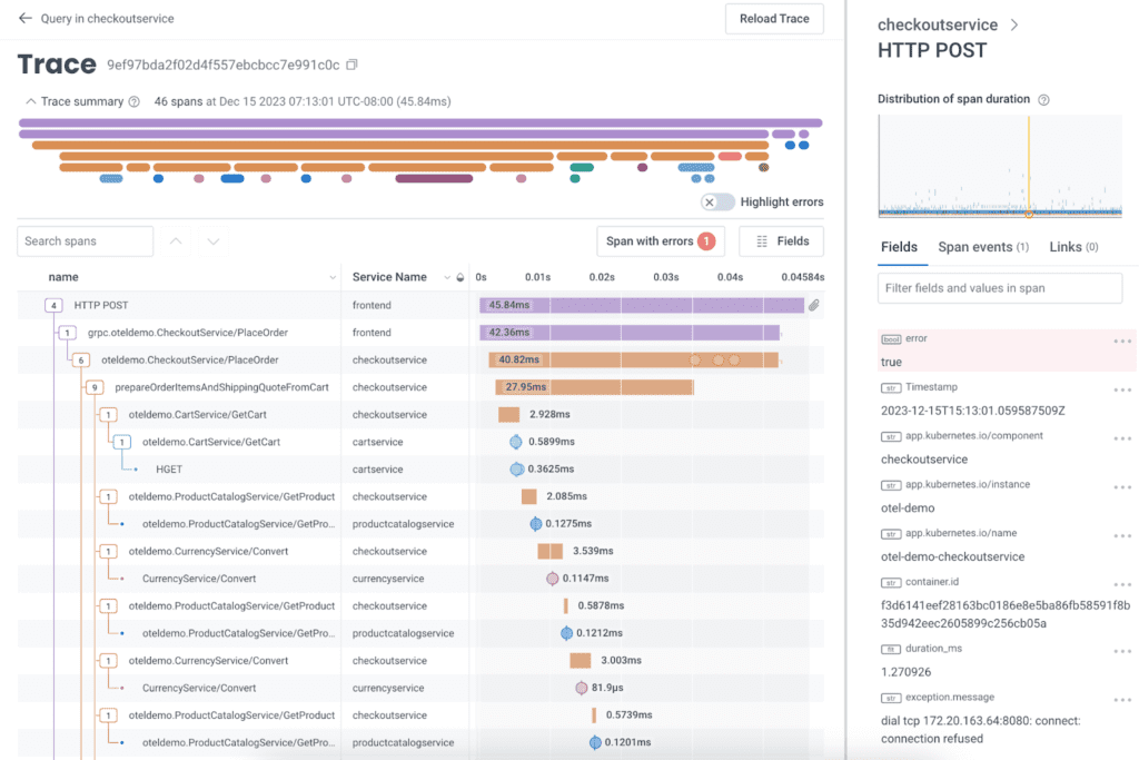 Screenshot of a Trace in Honeycomb.