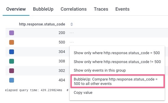 Having more attributes in that data allows us to use BubbleUp to see what attributes match when we get 504 errors.
