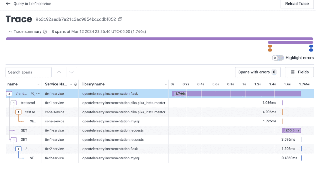 Once traces start to flow into Honeycomb, you can query them via query builder. Look for the dataset that matches what you specified in OTEL_SERVICE_NAME. Any span that appears in your query, you can right click the mouse and select ‘View Trace.’