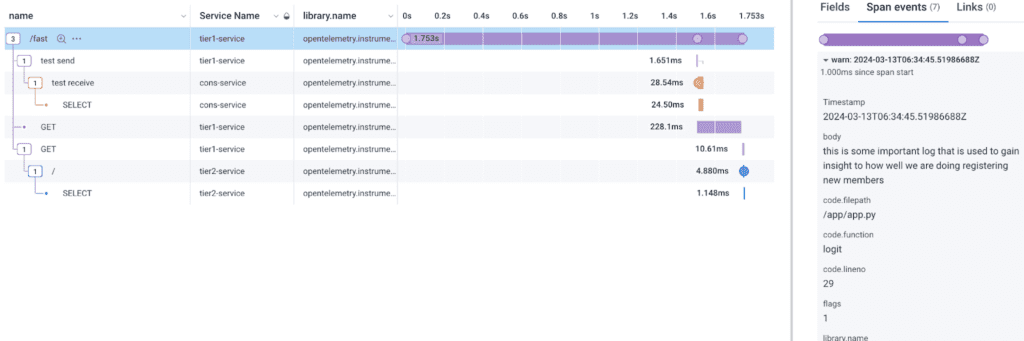 Reopen the same trace. You’ll see it now has span events containing these log messages!