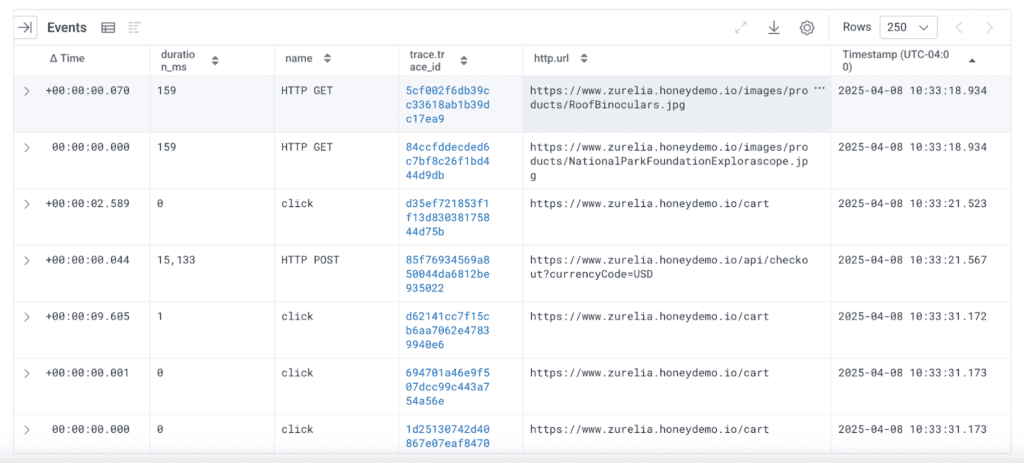 An image of the Explore Data tab in a Honeycomb Query, filtering in only HTTP events and clicks for a given session.id.