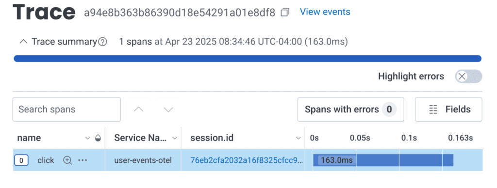 A single-span click event. Because of React's synthetic browser events, many user interactions don't get attached to the rest of the user's interaction, because by the time the click is complete, the tracecontext is cleared as the event is over.