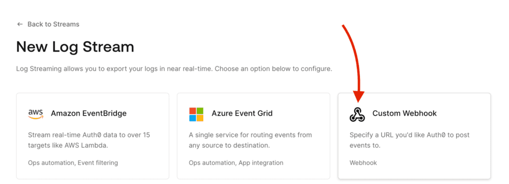 New Log Stream > Custom Webhook Auth0